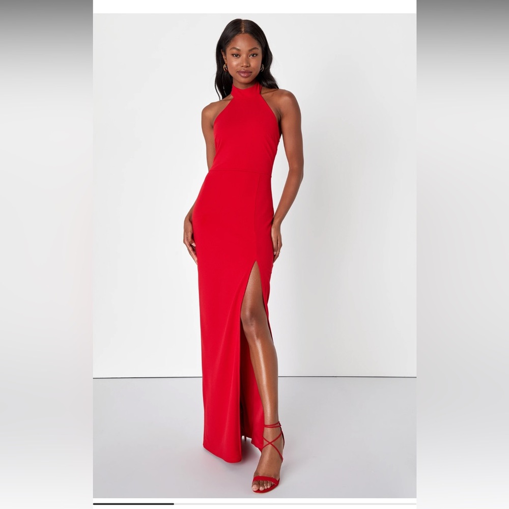 Lulu’s Red Backless Halter Dress Gown High Neck Maxi Prom